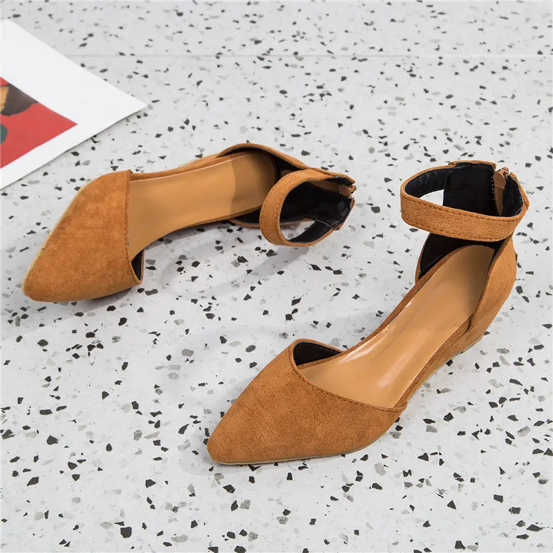 Brown Women Wedge Ankle Strap Pumps Zipper Suede Leopard Pointed Toe Shallow Ladies Shoes Summer Plus Size Casual Sandals New Female - Цвет: Brown