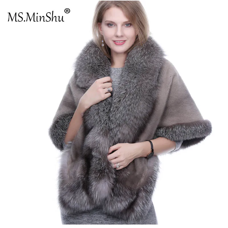 Mink Fur Shawl Fox Fur Trim Winter Women Real Fur Fashion Poncho Fox ...