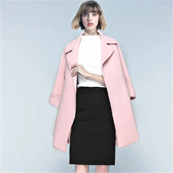 

Casual Women Woolen Coat 2018 Winter Belt Waist Turn-down Collar Female Wool Blends Candy color Winter Warm Wool Overcoat J663