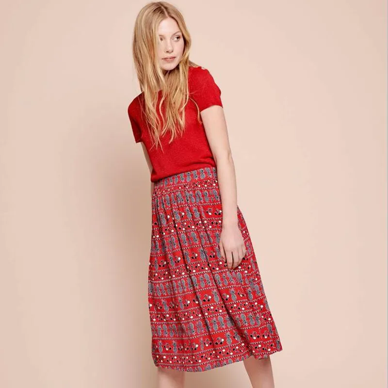 

Women Red Pineapple Print Elastic Waist Midi Skirt Jupe Santa Cocktail Viscose Long Skirt