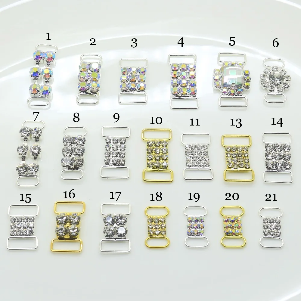 

New Hot 10Pc/Lot Mix Size 22 styles Wholesale Cheap Two Color Crystal Buckles Rhinestone Bikini Connector Ribbon Clothing buckle