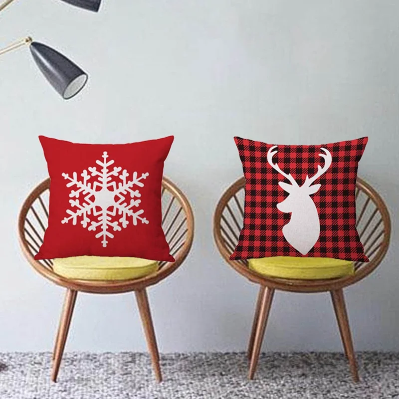 Рождественский клетчатый чехол для подушки с буквенным принтом, льняная хлопковая наволочка с оленем красного цвета для обеденного стула, наволочка для сна, подарок для путешествий