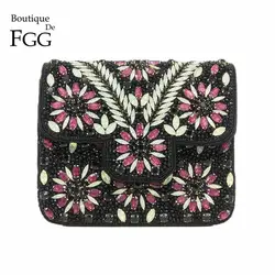 Boutique de FGG Винтаж индийский Hand Made женский, черный из бисера сцепления кошелек Хрустальный цветок вечерняя сумочка; BS010 Свадебные Вечеринка