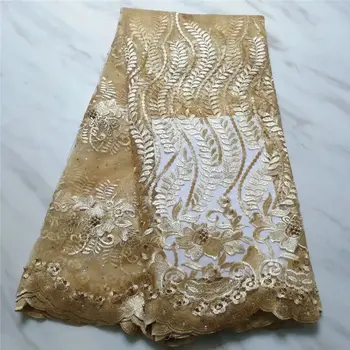 

5yards/lot high quality nigerian french lace embroidered tulle lace fabric for wedding dress,2019 Gold beads African lace fabric