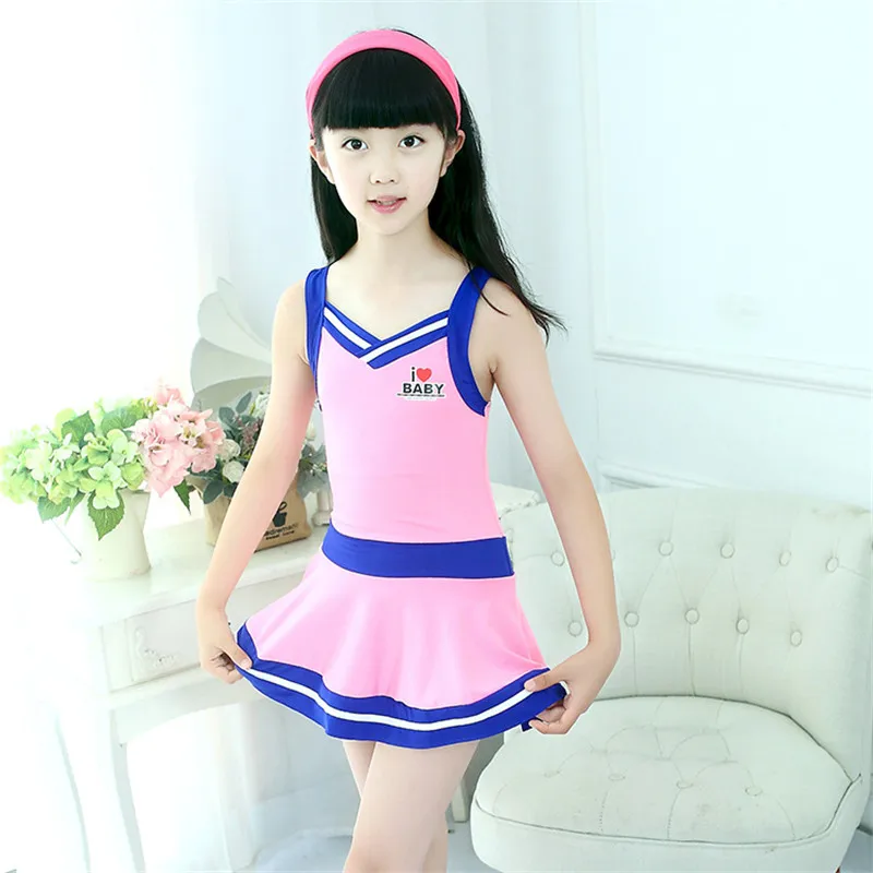 2018 New Girls Sports Swimsuit One piece skirt Swimwear Patchwork Solid ...