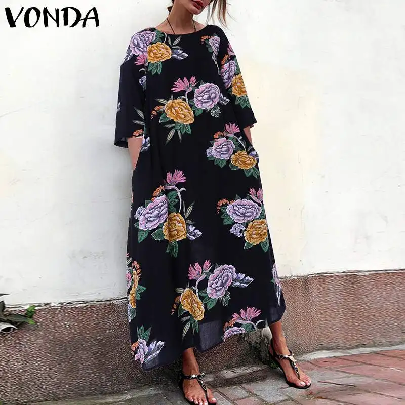 VONDA женское платье сексуальное платье с круглым вырезом и цветочным принтом богемные макси платья Весна Лето Повседневные платья плюс размер роковой