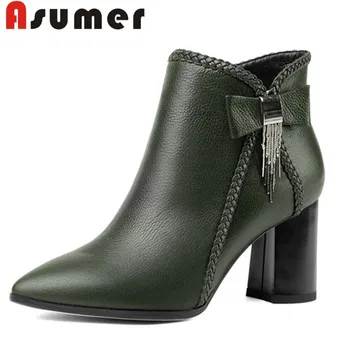 

ASUMER 2020 NEW crystal adult ankle boots for women solid simple winter boots pointed toe thick heels genuine leather boots