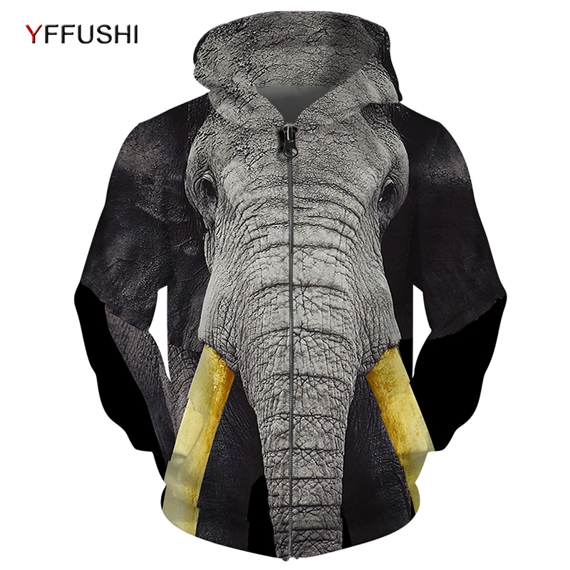 

YFFUSHI 3D Elephant Printed Men's Hooded Jackets 2019 Autumn Fashion Zipper Hoodies Jacket Coat Men's Hip Hop Sweatshirts