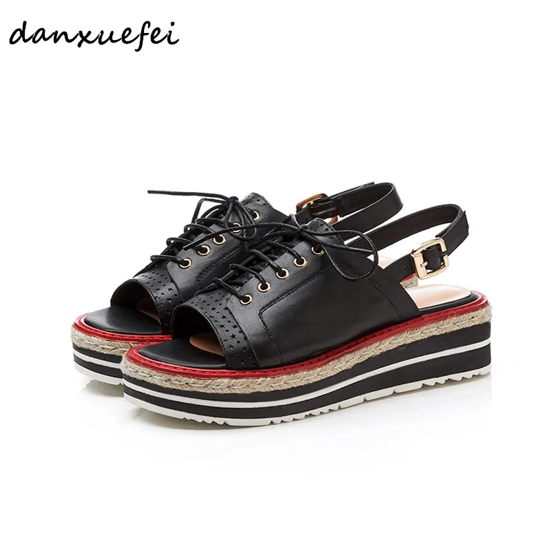 

Women's genuine leather lace-up platform flats sandals brand designer slingback opne toe summer leisure comfort sandalias shoes