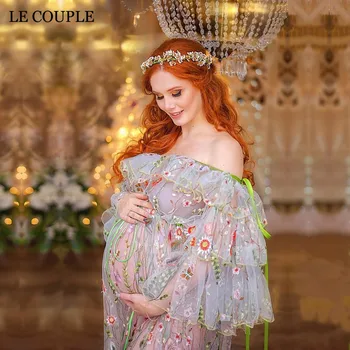 

Le Couple Maternity Dresses Photography Props Embroidery Organza Long Dress for Pregnant Women Pregnancy Dress Photography