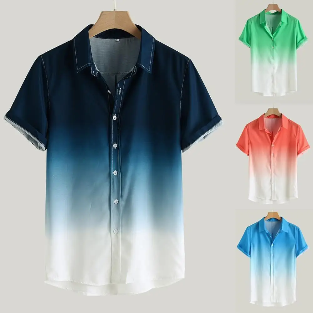 

2019 Plus Size Men Summer Loose Blouse Breathable Short Sleeve Turn-Down Collar Gradient camisa masculina chemise homme hawaiian