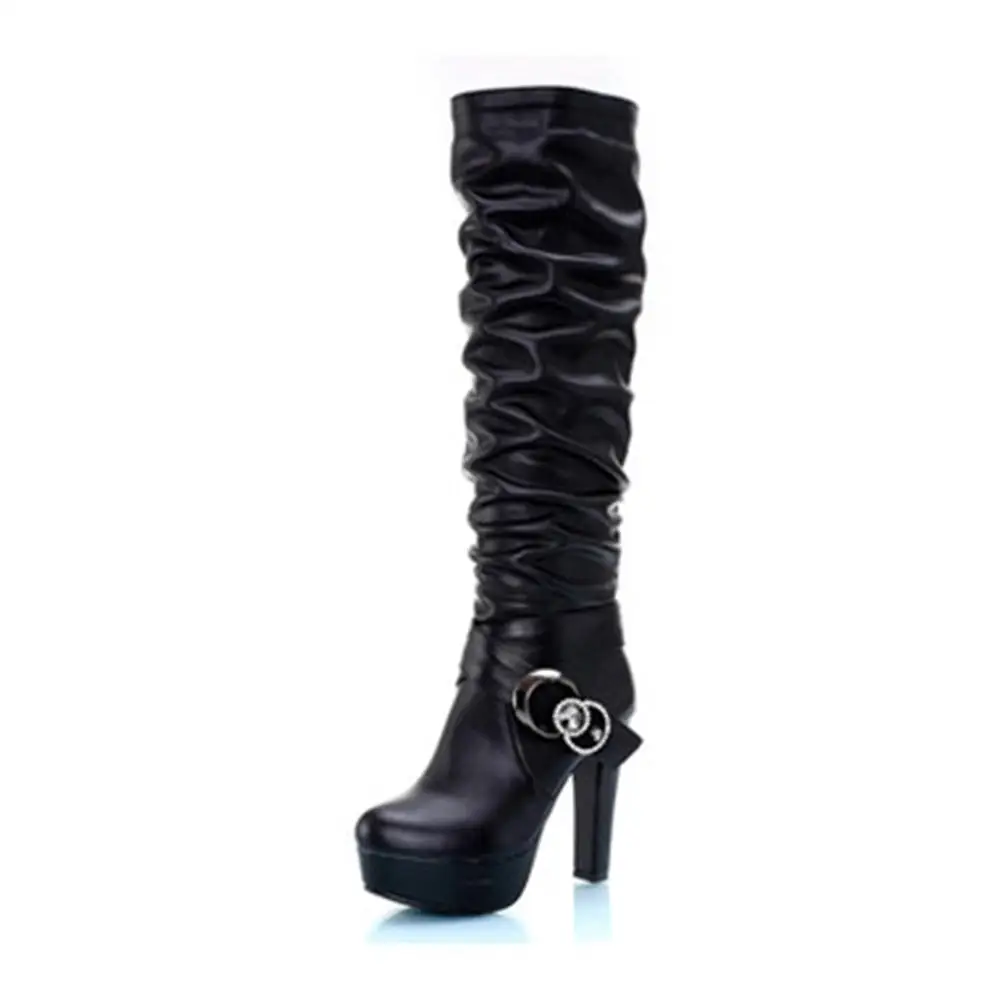 Sarairis/размеры 33–45 обувь на высоких квадратных каблуках Стразы украшения круглый носок женская обувь на платформе сапоги до колена - Цвет: Black no fur
