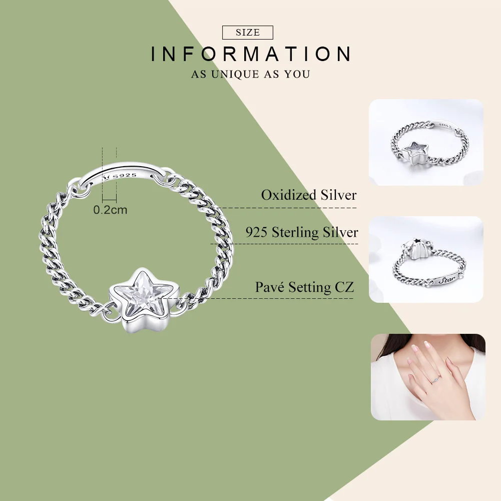 BAMOER, настоящее 925 пробы Серебряное Сверкающее кольцо на палец со звездой, звено на цепочке, кольца для женщин, ювелирные изделия из стерлингового серебра anel SCR435
