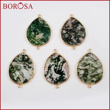 

BOROSA High Quality 10PCS Gold Color Drop Moss Agates Connector Double Charms for Necklace Making WX958
