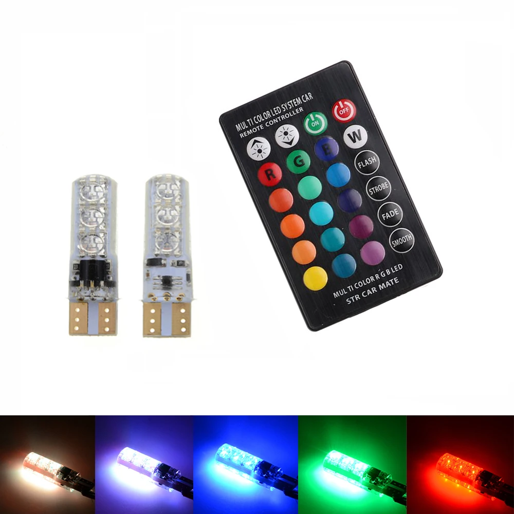 

2Pcs/set 12V LED T10 5050 SMD 1.2W Auto Car RGB LED Interior Dome Wedge inside Light T10 Lamp Bulb With Remote Control