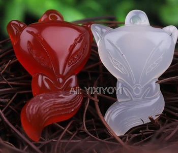 

Beautiful Chinese Handwork Natural Red White Agate Jade Carved Cute Fox Lucky Blessing Pendant + Rope Necklace Fine Jewelry