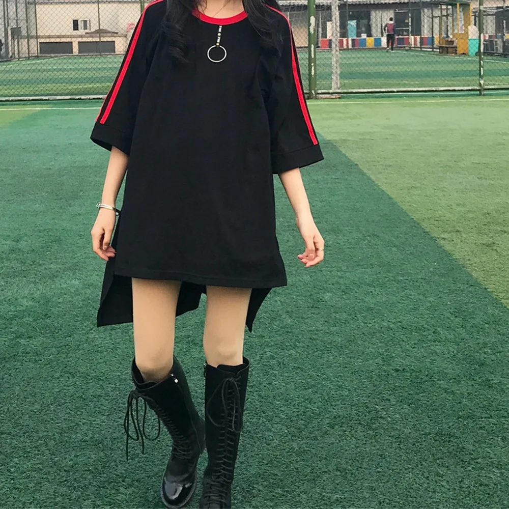 Корейский ulzzang женские длинные футболки японский Harajuku Мода ретро сплит женская футболка Готический полосатый короткий рукав футболки