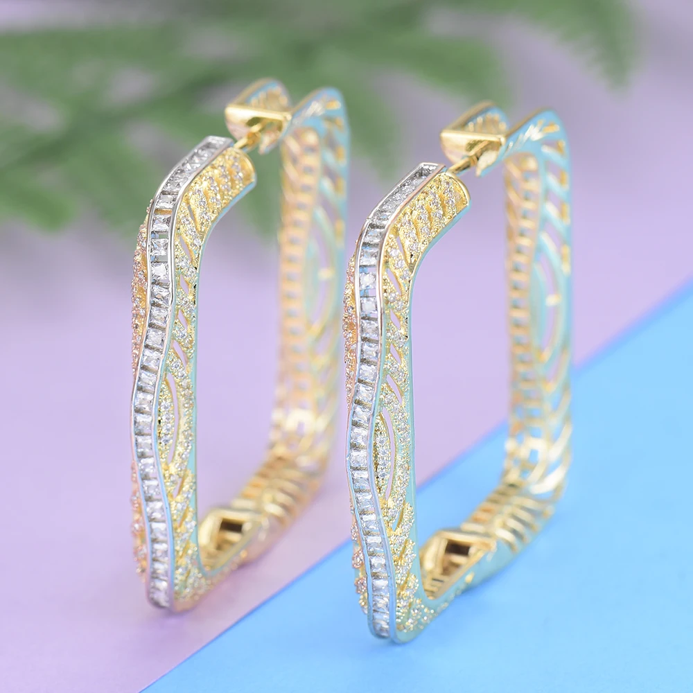 

GODKI Trendy Luxury Square 3tone Cubic Zircon Statement Big Hoop Earrings For Women Wedding DUBAI Bridal Hoop Earrings 2018