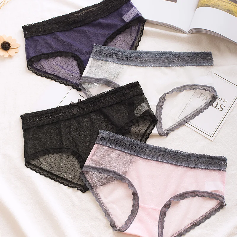 

New sexy ladies underwear in the waist lace transparent temptation female briefs Panties cotton bottom mesh girls underwear