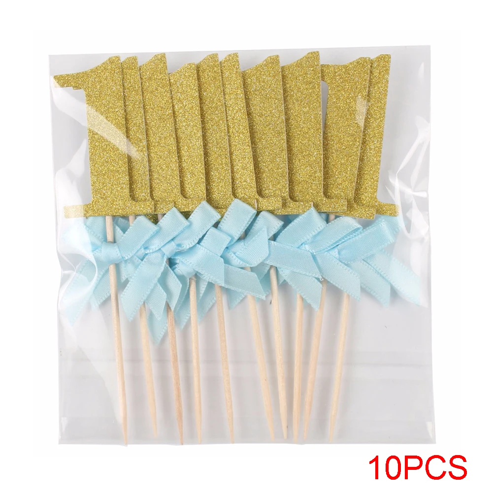 10Pcs First Birthday Cupcake Glitter Paper Bow Toppers,1st Year Party Cake Decoration for Boy Girl - Color: gold-blue