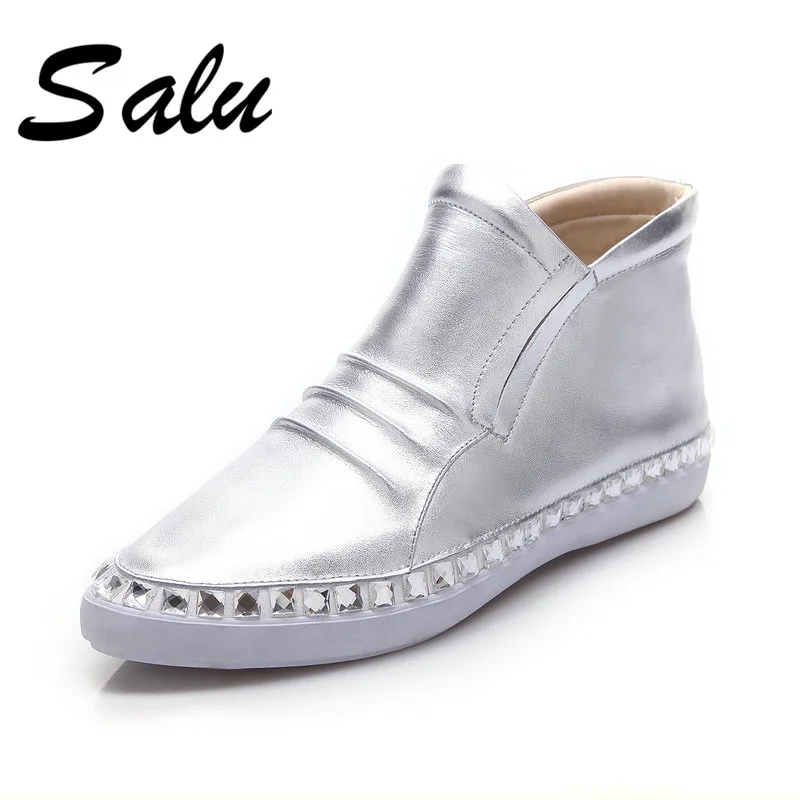 

Salu New Women Ankle Boots Genuine Leather Wedges low Heels Shoes Casual Autumn Winter Warm Flats Shoes Woman Basic Boots