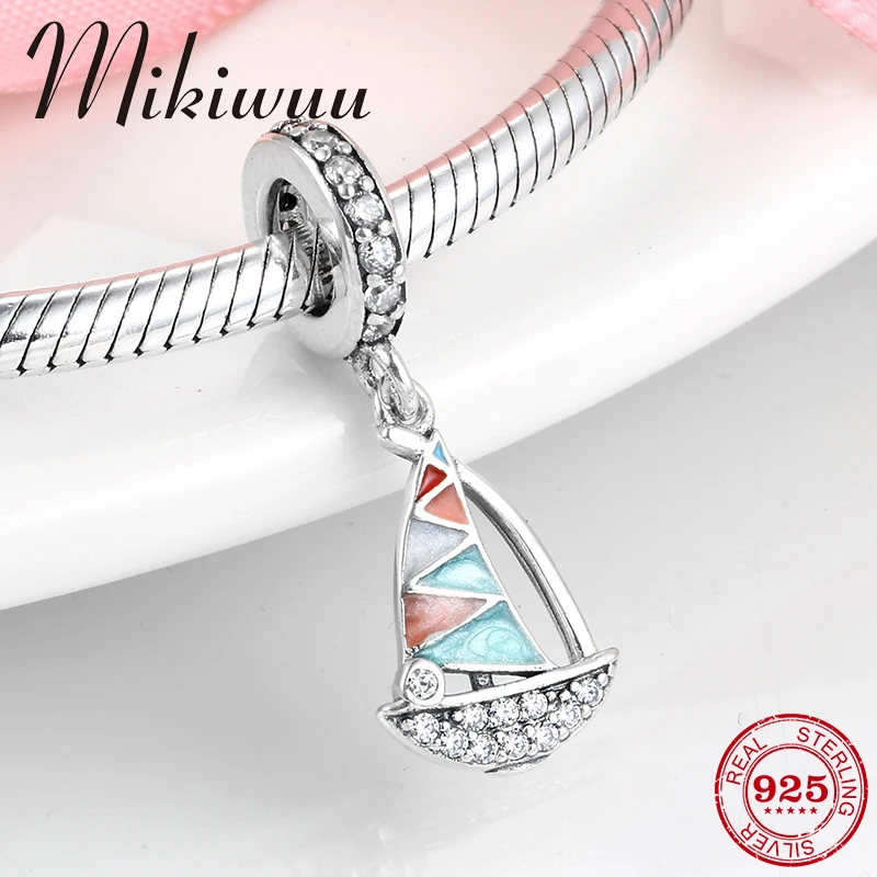 

Colorful Enamel 925 Sterling Silver Sailboat Clear CZ Charms For jewelry making Pendants Fit Original Charm Pandora Bracelets