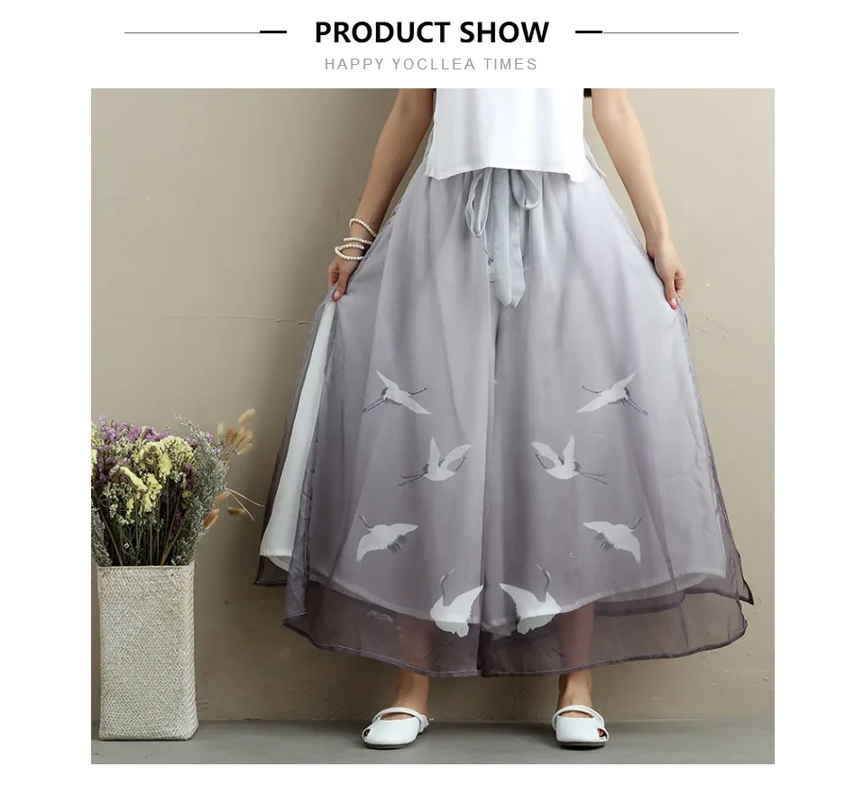 Ethnic style Hanfu Women Chiffon Trousers lady Casual Pants vintage Loose Plus size Ankle-Length Wide leg Pants capris