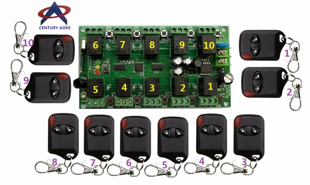 

DC12V 10A 10CH RF Wireless Remote Control system 1 * 10CH Receiver + 10 * Transmitters Individual learning code Doors/ lamp