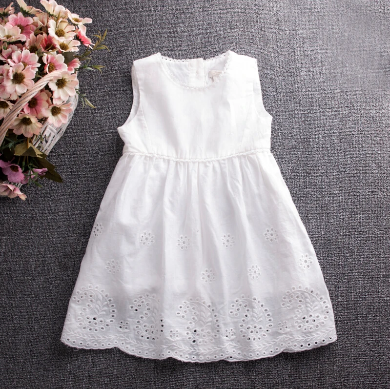 Children Solid White Clothing Summer Baby Girl Sleeveless Cotton Brief Dresses Kids Princess