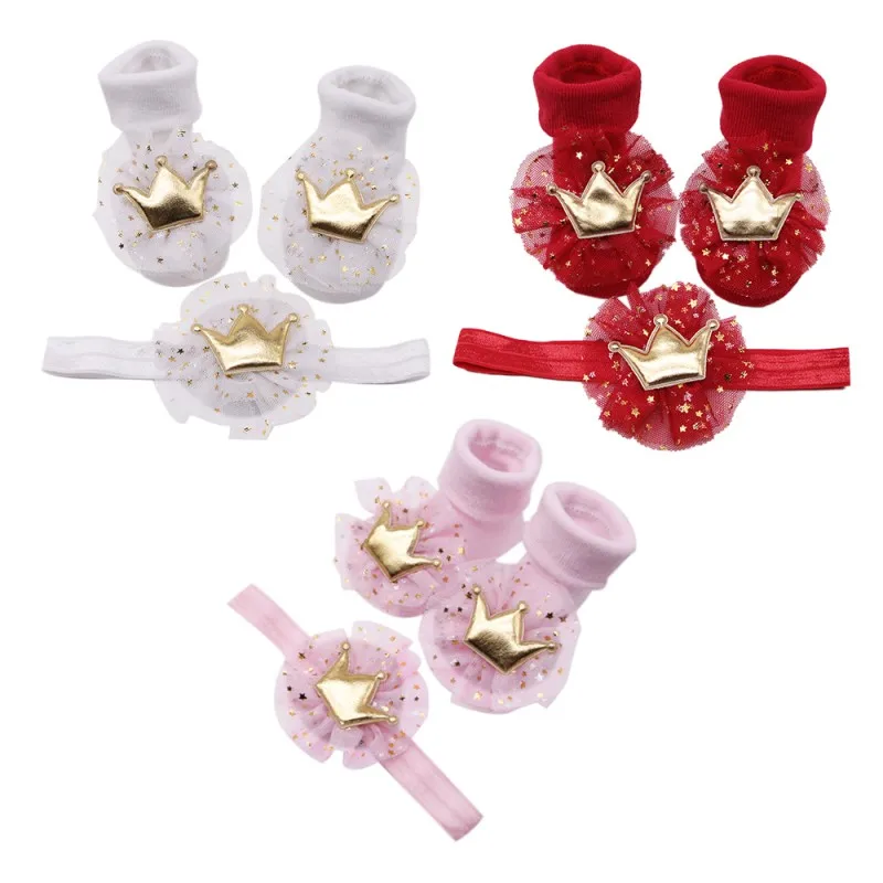 Розовый и красный цвет записи корона цветы, носок головные уборы для девушек Дети резинка для волос Детские аксессуары для волос с хлопковые носки комплект
