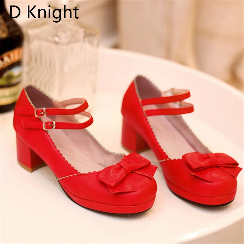 Sweet Bowtie Women High Heels Pumps Fashion Square Heels Buckle Straps Cosplay Maid Shoes Kawaii Princess Lolita Shoes For Girls (12)