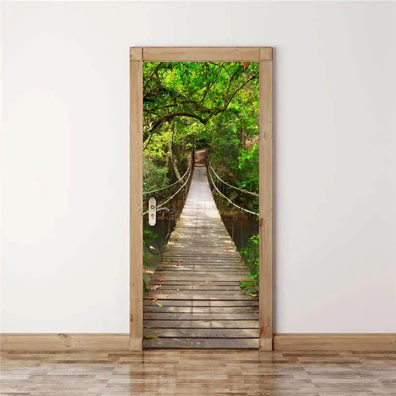 

3D Door Wall Decorative Mirror Forest Bridge Self Adhesive PVC Removable Decals Home Living Room Decor Accessories