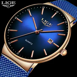 Новый LIGE Для мужчин часы модные Нержавеющая сталь Водонепроницаемый кварцевые часы Для мужчин прохладный Повседневное ультра-тонкий