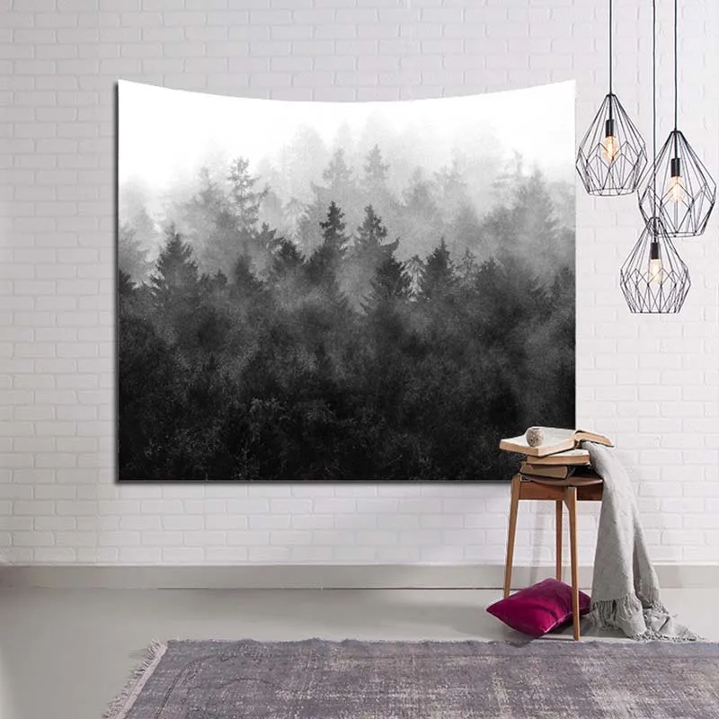 

Forest Tapestry Winter Wall Hanging Tree Fog Camping Home Decoration Green Leaves Blanket Wonderland Polyester Handmade 2018