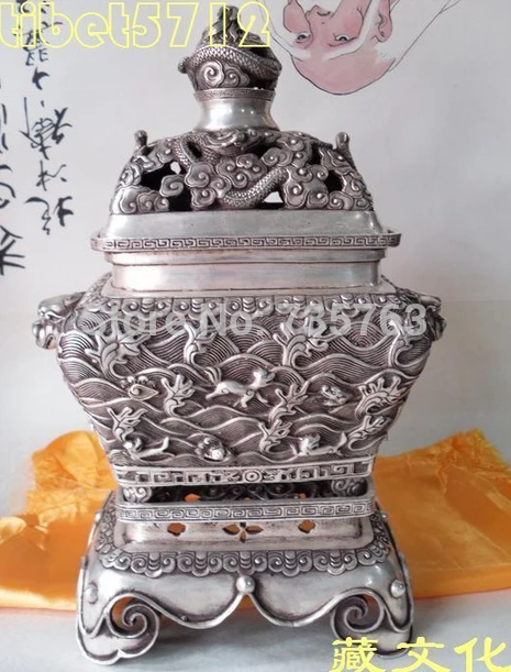 

xiuli 0013112 Buddhist bronze coated silver dragon phenix pheonix censer burner Incense 34 cm