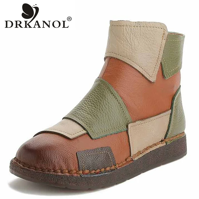 Tanie DRKANOL 2019 jesienno zimowa prawdziwe oryginalne skórzane buty damskie Retro ręcznie mieszane kolory ciepłe botki damskie codzienne buty