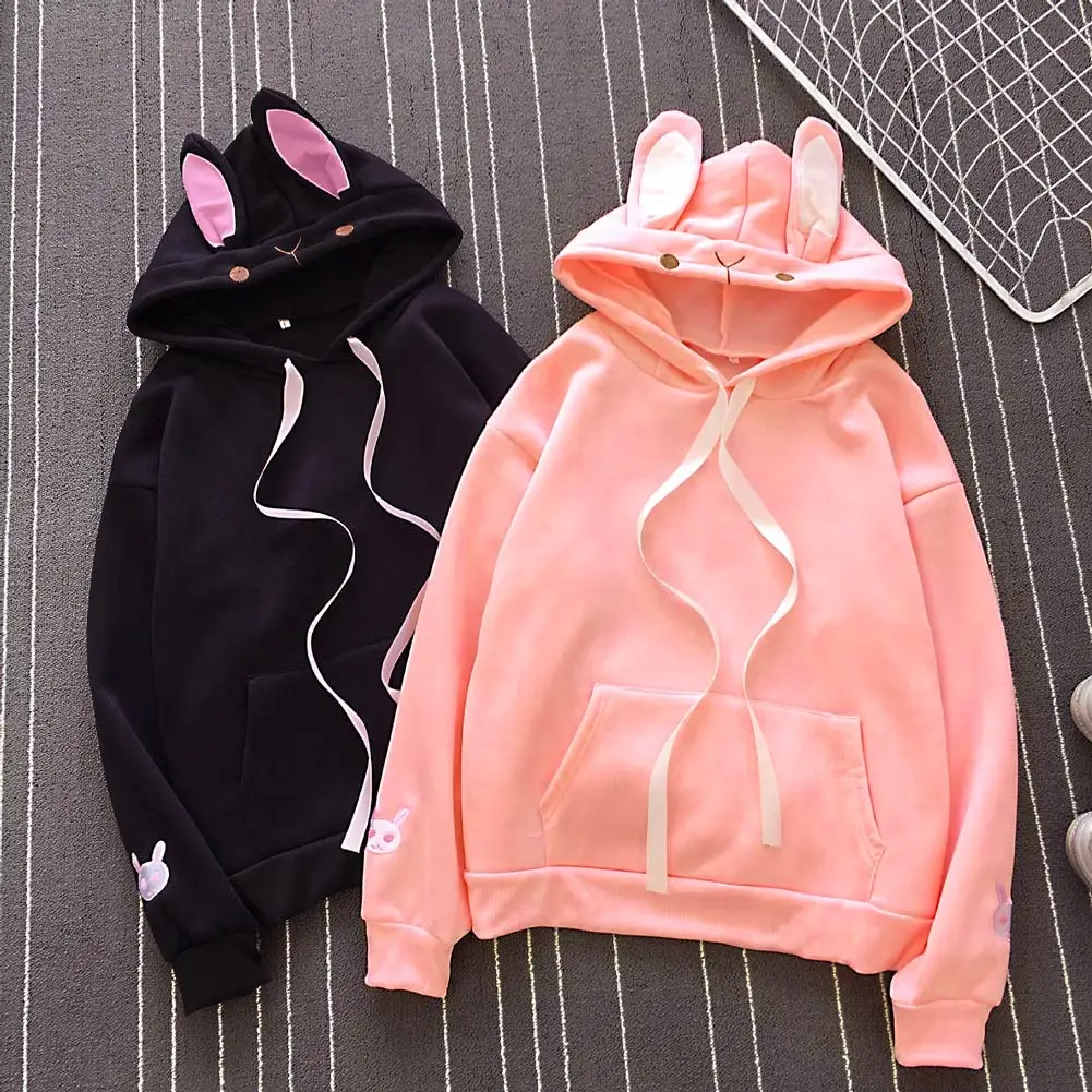 

Newly Women Autumn Hoodies Rabbit Ears Pockets Long Sleeves Pullover Hooded Loose Tops VK-ING