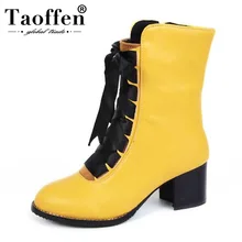 TAOFFEN/Новые Модные женские ботинки до середины икры на квадратном каблуке модные ботинки с острым носком на шнуровке на низком каблуке, женская обувь на молнии размер 33-46