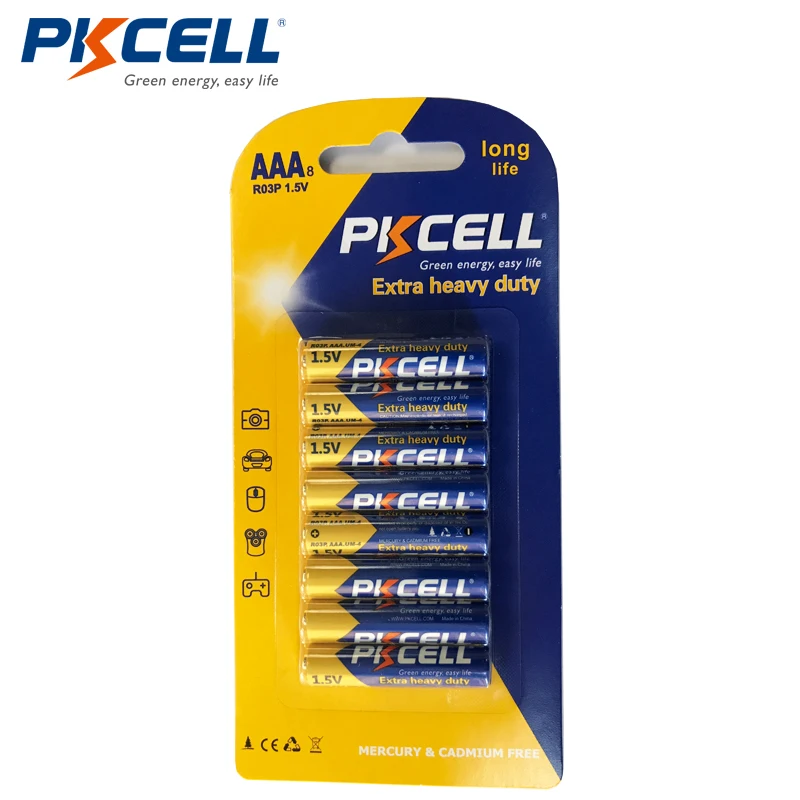 

8pcs/card PKCELL Super Heavy Duty 1.5V AAA R03P Carbon-Zinc Primary Battery Batteries