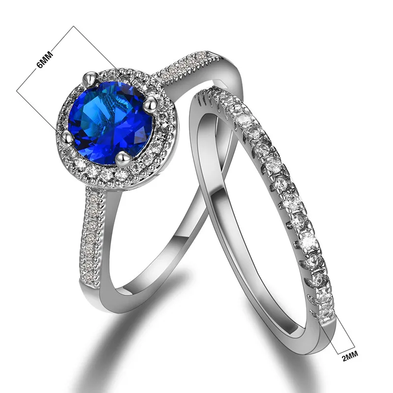 Роскошное женское кольцо с голубым камнем набор Модный женский серебряный набор милый циркон кольцо обещают обручальные кольца для влюбленных женщин