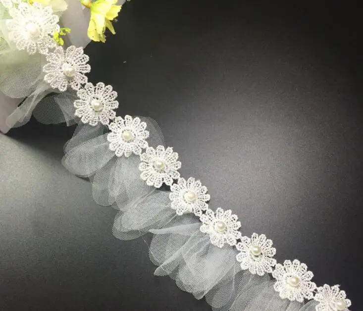 

15Yard Sunflower Pearl Flower Chiffon Tassel Lace Fabric Trim Ribbon For Apparel Sewing DIY Bridal wedding Doll Cap Hair clip