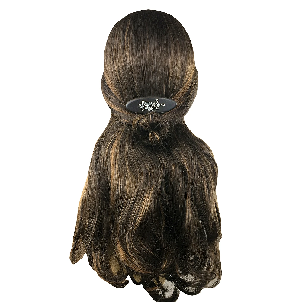 Handmade Thai Silver Ebony Barrettes Vintage Silver Inlay Wooden Barrette Flower Hairgrip Hair