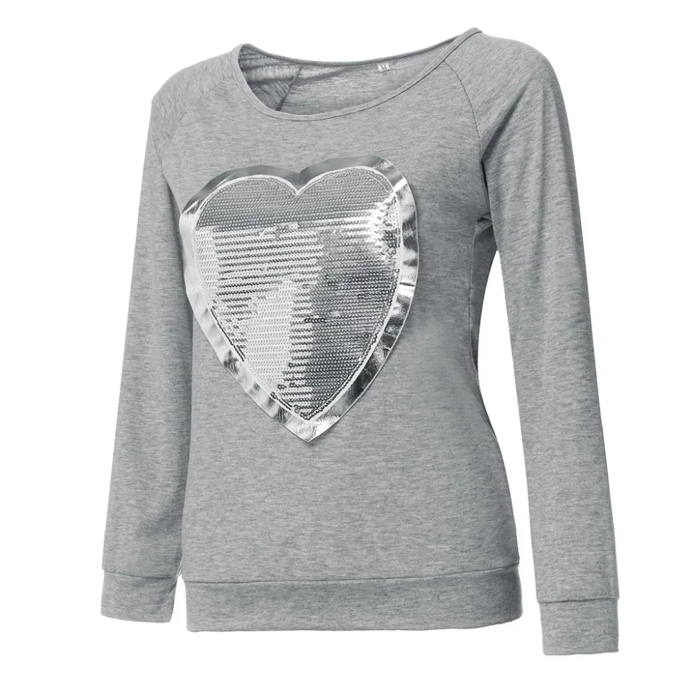 Новая модная весна осень Женское сердце с блестками О-образным вырезом с длинным рукавом топ размера плюс женская рубашка 20019 Футболка Пуловеры