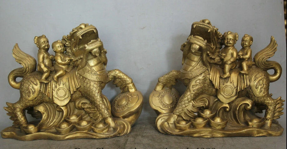 

wan671074+++11" China Brass Ru Yi Boy Girl Wealth Kylin Chi-lin Qilin sculpture Statue Pair