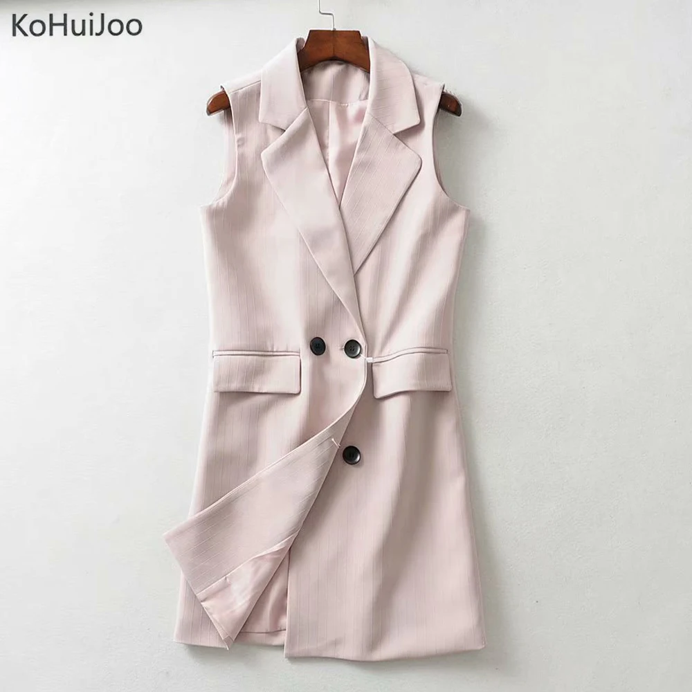 

KoHuiJoo Long Vest Women Slim Double Breasted Button Slim Office Lady Casual Elegant Pocket Sleeveless Jacket Waistcoat Pink
