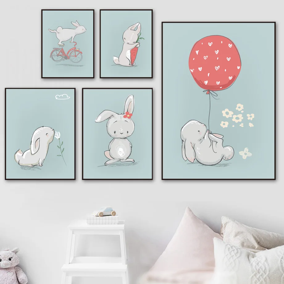 

Wall Art Canvas Painting Flower Rabbit Balloon Cartoon Animal Nordic Posters And Prints Wall Pictures For Kids Room Baby Bedroom