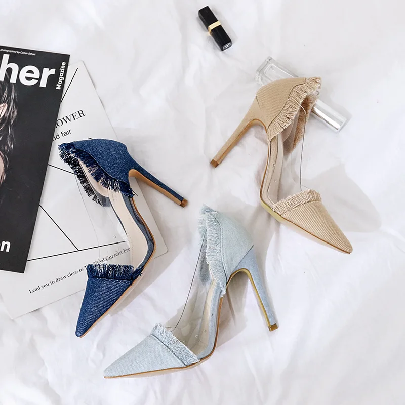 

XingDeng Women Demin Transparent Pointed Toe Summer Women High Heels Pumps Shoes Ladies Party Tassels Summer Party Dress Shoes