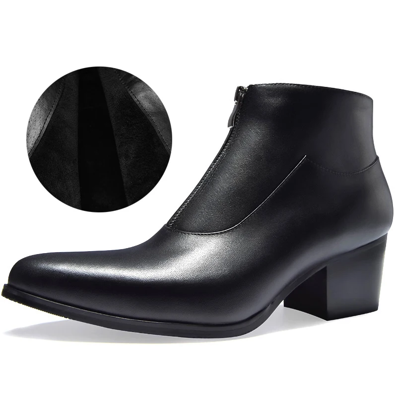 Black fur Размер 37-44; мужские ботинки на высоком каблуке из натуральной кожи; мужские зимние белые ботильоны с острым носком; обувь на молнии; обувь на толстом каблуке - Цвет: Black fur