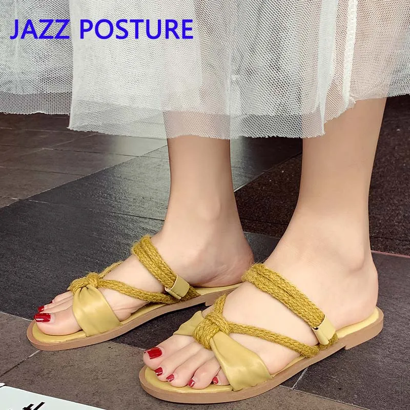 

Bow sweet flat beach female sandals hairpin flip flops ladies home twine slippers wear two sets of rivet shoes y929