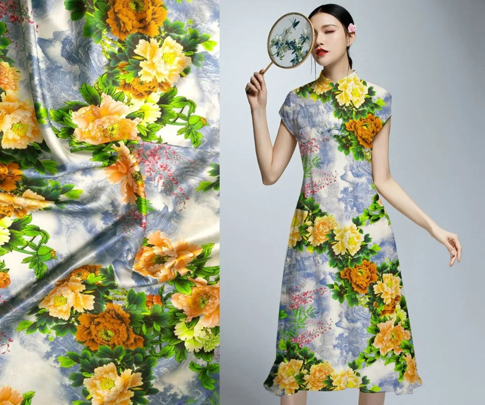 New Women 19mm Super Satin Woven Elastic Silk Fabric For Sewing Cloth Skirt Shirt Material Yellow Peony Print Discount | Дом и сад